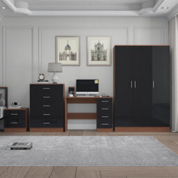 Reflect 3 Door Plain Wardrobe, 5 Drawer Chest, 2 Drawer Bedside & Desk - Black Gloss & Walnut - Modern Bedroom Furniture Set - thumbnail 3