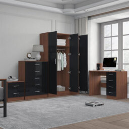 Reflect 3 Door Plain Wardrobe, 5 Drawer Chest, 2 Drawer Bedside & Desk - Black Gloss & Walnut - Modern Bedroom Furniture Set - thumbnail 2