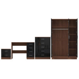 Reflect 3 Door Plain Wardrobe, 5 Drawer Chest, 2 Drawer Bedside & Desk - Black Gloss & Walnut - Modern Bedroom Furniture Set - thumbnail 6