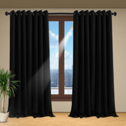 Oxford Homeware Plain Black 230Gsm Blackout Curtain Thermal Insulated Eyelet For Living Room Curtain Pair (W)228Cm X (L)228Cm