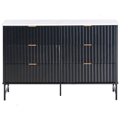 Wyld And Coco Nova Living 6-Drawer Chest Black Mdf With Marble-Effect Top And Metal Legs - W120 X D40 X H80Cm - image 1