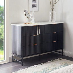 Wyld And Coco Nova Living 6-Drawer Chest Black Mdf With Marble-Effect Top And Metal Legs - W120 X D40 X H80Cm - thumbnail 2