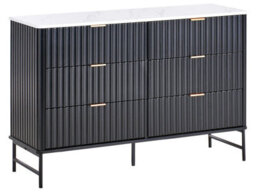 Wyld And Coco Nova Living 6-Drawer Chest Black Mdf With Marble-Effect Top And Metal Legs - W120 X D40 X H80Cm - thumbnail 3