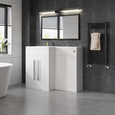 Sundaze Gloss White Bathroom Combined Furniture 1100mm L Shape Vanity Unit Left Handed With Basin Sink - image 1
