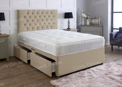 Comfy Deluxe Coffee  Plush 4Ft Small Double Divan Bed With Mattress And Headboard 4 Drawers