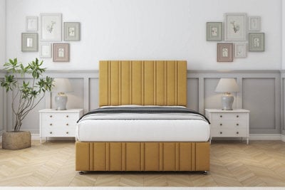 "Comfort Lorenzo Mustard Plush Divan Bed Set 4 Drawers - 54"" Floor Standing & 12"" Footboard 4'6 Double" - image 1