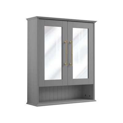 Homestylestore 650 X 750mm Light Grey Wall Mounted Mirrored Door Bathroom Cabinet And Brushed Brass T Bar Handles - image 1