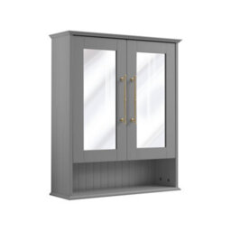 Homestylestore 650 X 750mm Light Grey Wall Mounted Mirrored Door Bathroom Cabinet And Brushed Brass T Bar Handles