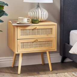 Beliani Bedsie Two Drawer Bedside Table In Light Brown Manufactured Wood With Rattan Fronts, Compact Boho Style - thumbnail 2