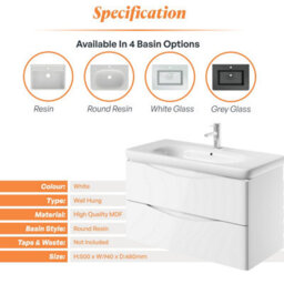 Plum&clay Eden Gloss White Wall Hung Vanity Unit With Round Resin Basin (W)940mm - thumbnail 7