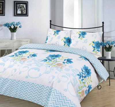 Homespace Direct Ltd Bethany Teal Floral Duvet Cover Set Reversible Zig Zag Bedding - image 1