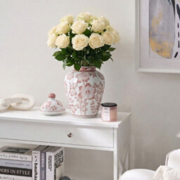 Wyld And Coco Lidded Porcelain Ginger Jar Vase White With Hand-Painted Red Floral Motif, 18 X 36 Cm - thumbnail 2