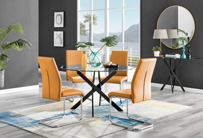 Furniturebox Uk Novara Black Leg 120Cm Round Glass Dining Table & 4 Mustard Lorenzo Chairs - image 1