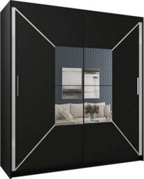 Sliding Wardrobes 4 u LTD Modern Bedroom Cabinet Sliding Wardrobe With Led Light And Central Mirror Double Door Design In White, Black & Grey - Black 203Cm - thumbnail 2