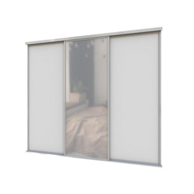 A-Class Sliding Doors Set Of 3 Light Grey & Mirror Sliding Wardrobe Door Kit, Silver Frame & Tracks, Opening Height (H) 225-226Cm & Width (W) 223-224Cm - image 1