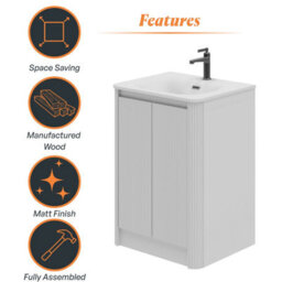 Plum&clay Isla Ribbed Fluted White Freestanding Bathroom Vanity Unit & White Basin Set (W)600mm - thumbnail 6