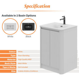 Plum&clay Isla Ribbed Fluted White Freestanding Bathroom Vanity Unit & White Basin Set (W)600mm - thumbnail 5