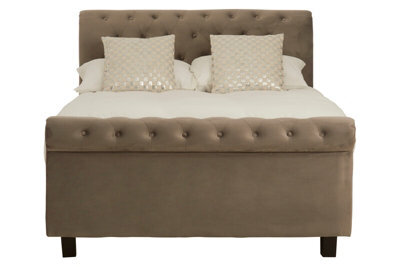 Orsina Elegant Brushed Velvet Double Bed, Minimalist Double Bed For Bedroom, Velvet Upholstered Stud Detail Bed - image 1
