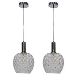 First Choice Lighting Set Of 2 Baine - Clear Textured Glass Chrome Deco Pendant Fittings - thumbnail 1