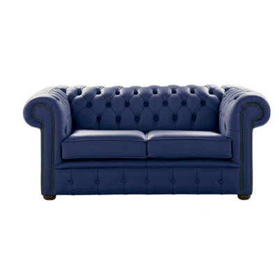 Chesterfield 2 Seater Shelly Billberry Blue Leather Sofa Settee Bespoke In Classic Style - image 1