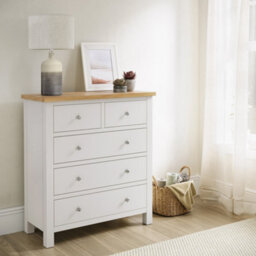 Farro White Xl 2 Over 3 Chest Of Drawers Fully Assembled - Painted With Oak Top By Roseland Furniture - thumbnail 3
