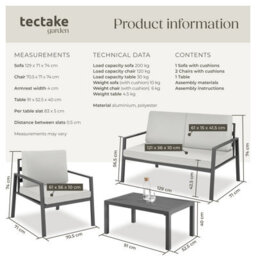 Tectake Garden Furniture Set Gothenburg - For 4 People, Rust-Proof Aluminum Frame, Thick Seat Cushions, Slatted Table - Light Grey - thumbnail 6