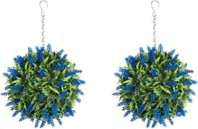 Pair Of Best Artificial 24Cm Blue Lush Lavender Hanging Basket Flower Topiary Ball - Weather & Fade Resistant - image 1