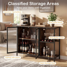 Costway Bar Cabinet With Power Outlets Industrial Sideboard Buffet With Wine Racks - thumbnail 2