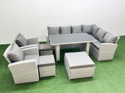 Fimous Outdoor Garden Furniture Sets 11 Seater Wicker Rattan Corner Sofa Sets With Dining Table 3 Footstools Light Grey - thumbnail 2