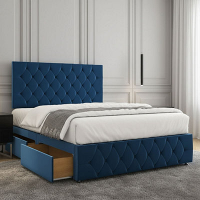 REGIONAL FURNISHINGS Divan Bed Set Luxury Blue Plush Velvet 24Inch Headboard & Footboard & Mattress No Drawers In 3Ft 4Ft 4Ft6 5Ft 6Ft Sizes - image 1