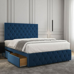 REGIONAL FURNISHINGS Divan Bed Set Luxury Blue Plush Velvet 24Inch Headboard & Footboard & Mattress No Drawers In 3Ft 4Ft 4Ft6 5Ft 6Ft Sizes - thumbnail 1