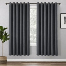 Bedlooms Charcoal Linen Curtain 100% Blackout Thermal Insulated Eyelet Curtain (Pair) 66 X 54 Inches With Tie Back Two