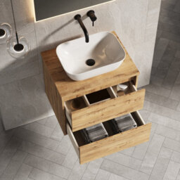 Banyetti Venti 600mm Wall Hung Vanity Unit With Matching Worktop - Ostippo Oak - thumbnail 3