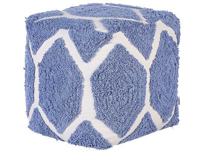 Wyld And Coco Beige And Blue Cotton Pouffe With Geometric Knitted Embroidery 40 X 40 X 40 Cm - image 1