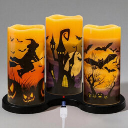 Amorly 3 Pack Halloween Led Flameless Pillar Candles, Battery Operated With Timer, Wax Flickering Warm Light Candles For Halloween Decor - thumbnail 1