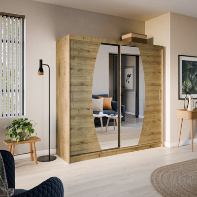 Arte Elypse Contemporary 2 Mirrored Sliding Door Wardrobe 9 Shelves 2 Rails Artisan Oak Effect (H)2000mm (W)2000mm (D)620mm - image 1