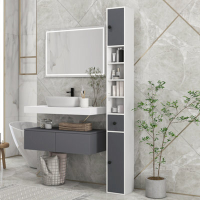 Kleankin Slim Bathroom Cabinet, Toilet Roll Storage W/ Open Shelves, Grey - image 1