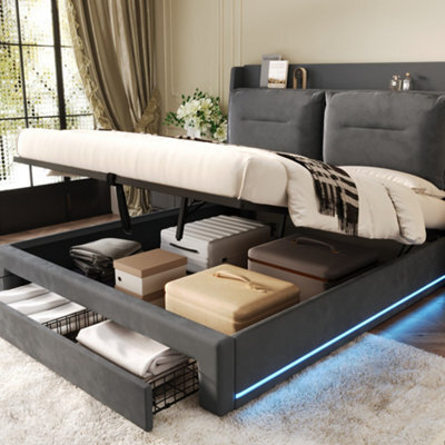 Abrihome Upholstered Bed, 150X200(5Ft),king Size Bed, 2-In-1 Storage Drawers, Recessed Led Light Strips, Slatted Frame, Velvet,dark Gray - image 1