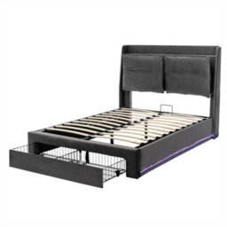 Abrihome Upholstered Bed, 150X200(5Ft),king Size Bed, 2-In-1 Storage Drawers, Recessed Led Light Strips, Slatted Frame, Velvet,dark Gray - thumbnail 6