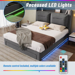 Abrihome Upholstered Bed, 150X200(5Ft),king Size Bed, 2-In-1 Storage Drawers, Recessed Led Light Strips, Slatted Frame, Velvet,dark Gray - thumbnail 4