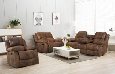 Suede Brown Faux Leather 3 + 2 + 1 Seater Manual Recliner Sofa And Armchair Set For Living Room Valencia