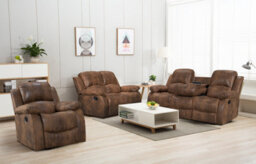 Suede Brown Faux Leather 3 + 2 + 1 Seater Manual Recliner Sofa And Armchair Set For Living Room Valencia - thumbnail 1