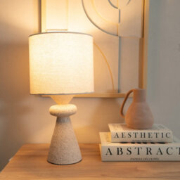 Valuelights Cady Pair Of - Natural Cement Effect Bedside Table Lamp With Drum Shade - Led Bulbs Included