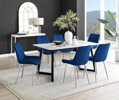 Furniturebox Uk Carson White Marble Effect Dining Table & 6 Navy Pesaro Silver Chairs - image 1
