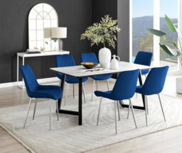 Furniturebox Uk Carson White Marble Effect Dining Table & 6 Navy Pesaro Silver Chairs - thumbnail 1
