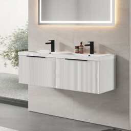 Balterley Fluted Front Wall Hung 2-Drawer Bathroom Vanity Unit With Double Basin, 1200mm, Satin White, Black Handles - thumbnail 4