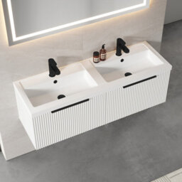 Balterley Fluted Front Wall Hung 2-Drawer Bathroom Vanity Unit With Double Basin, 1200mm, Satin White, Black Handles - thumbnail 3