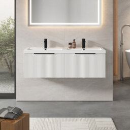 Balterley Fluted Front Wall Hung 2-Drawer Bathroom Vanity Unit With Double Basin, 1200mm, Satin White, Black Handles - thumbnail 2