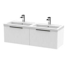 Balterley Fluted Front Wall Hung 2-Drawer Bathroom Vanity Unit With Double Basin, 1200mm, Satin White, Black Handles