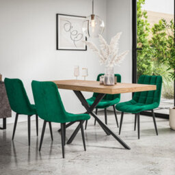 More4Homes Donni Dining Table And Chairs -  Oak Effect Table Top W Black Legs + Nova Velvet Dining Chair Set Of 4 (Green)